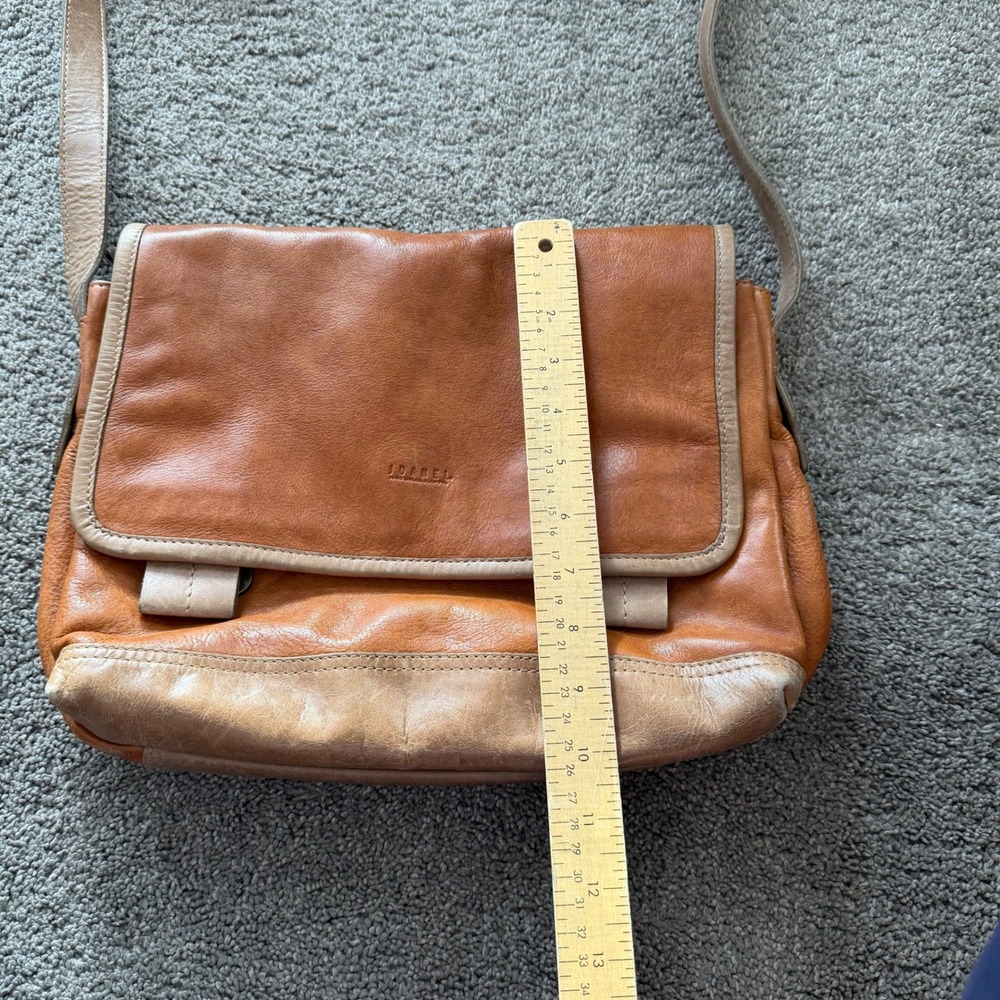 Joanel Leather Crossbody Messenger Bag Cognac Brown Striped Lining - Picture 5 of 7